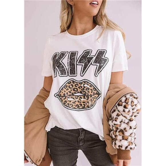 White KISS‎ Fitted Vintage Graphic Tee Rock Band Short Sleeve T-Shirts Top - Picture 3 of 6